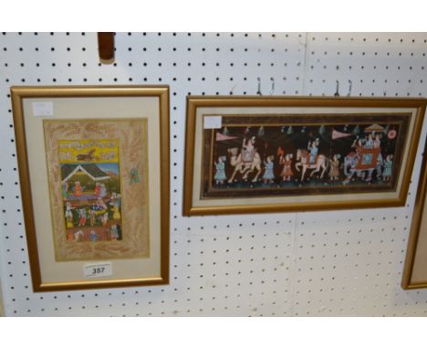 Indian School, a vellum manuscript leaf , with a gouache vignette of Mughal court life, the border with pen and ink foliage, 