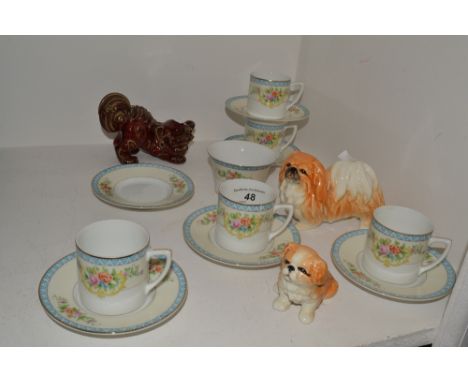 A part Noritake coffee set, comprising coffee cans and saucers, sugar bowl; a Sylvac model of a seated Pekingese puppy, paint