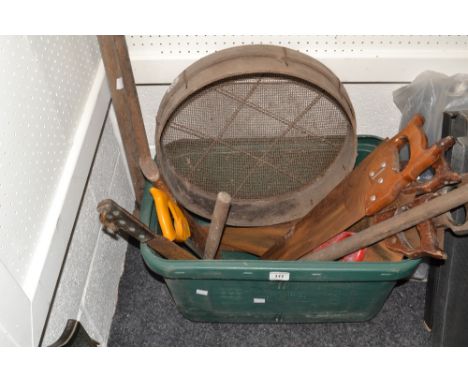 Tools - saws, various; axe;garden sieve; etc 