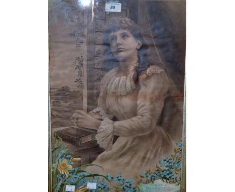 A Victorian lithograph print, 
Abide With Me,
maple frame