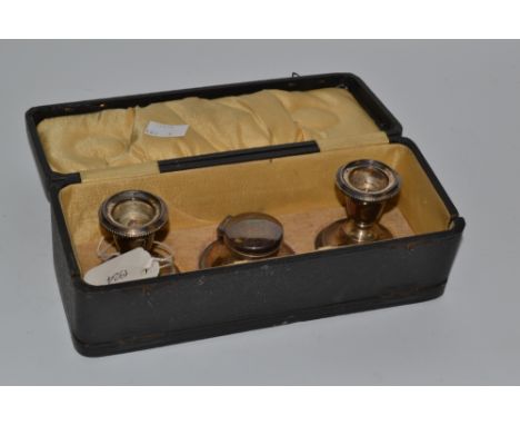 Silver - a cased silver inkwell and candle holders Birmingham 1924