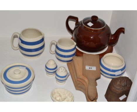 Kitchenalia - a Denby stoneware teapot, a Victorian cast iron mould, lion mask to cover, TG Green type milk jug , sugar bowl,