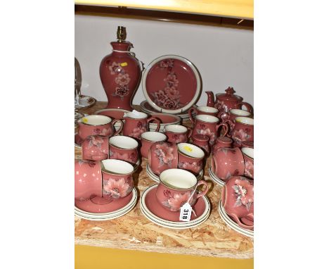 A GROUP OF DENBY 'DAMASK' PATTERN DINNER AND TEAWARE, comprising four dinner plates, four dishes, gravy jug and stand, two sa