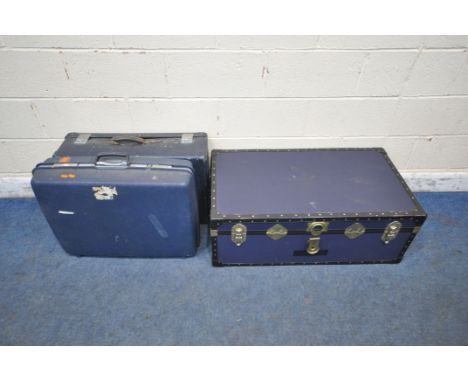 A BLUE RECTANGULAR TRUNK, width 93cm x depth 51cm x height 36cm, along with two other cases (condition report: all with marks
