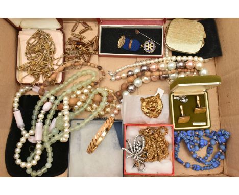A BOX OF ASSORTED COSTUME JEWELLERY, to include a selection of beaded necklaces, chain necklaces, a bangle, two brooches, a R