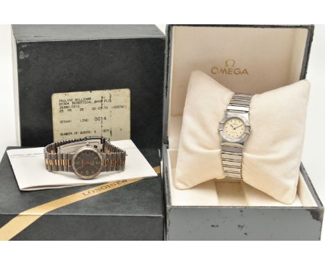 A LADIES OMEGA AND LONGINES WRISTWATCH, a quartz movement, round champagne tone dial signed 'Omega' constellation, dot marker