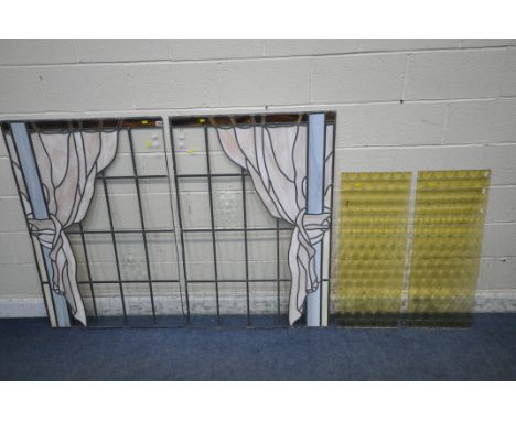 AN OPPOSING PAIR OF STAINED LEAD GLAZED WINDOWS, depicting drawn curtains, one section 127cm x 86cm, along with a pair of yel