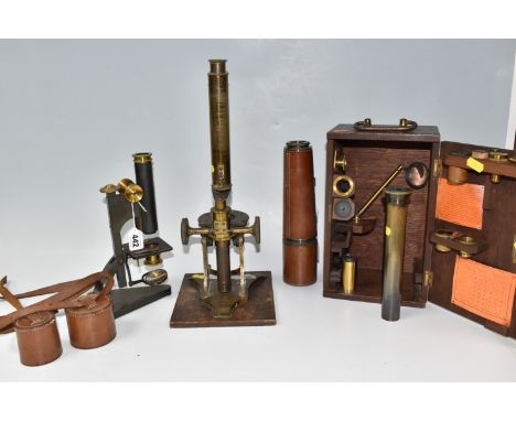 A WOODEN CASED BRASS MONOCULAR MICROSCOPE, marked R &amp; J Beck, London, Serial No.19357 to foot, appears largely complete a