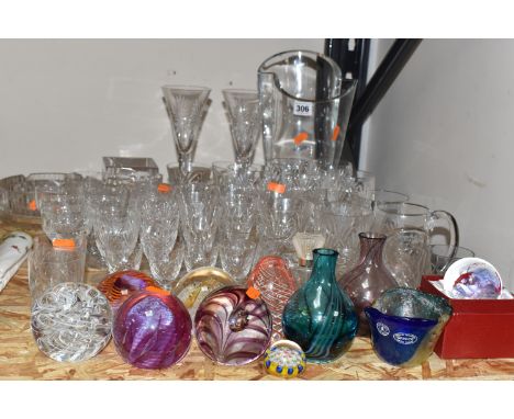 A COLLECTION OF GLASS ORNAMENTS AND ASSORTED WARES to include a group of paperweights to include two Caithness paperweights c