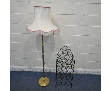 AN EIGHTEEN SECTION WIRE WINE RACK, width 38cm x depth 21cm x height 92cm, along with a brass standard lamp (2)