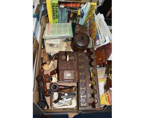 A BOX OF TOBACCO RELATED ITEMS AND OTHER EPHEMERA, to include a cigarette box with dispenser in the form of a wooden and bone