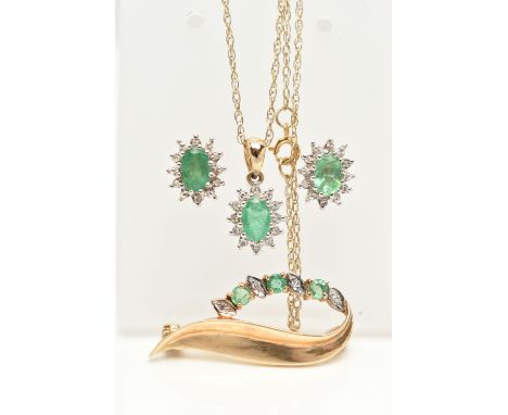 A SELECTION OF YELLOW METAL EMERALD AND DIAMOND SET JEWELLERY, to include an oval cluster pendant set with a central oval cut