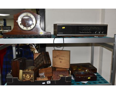 A BOX AND LOOSE QUANTITY OF ASSORTED WOODEN BOXES, A VINTAGE MANTEL CLOCK, AND A GRUNDIG RADIO to include a Diana   Original 