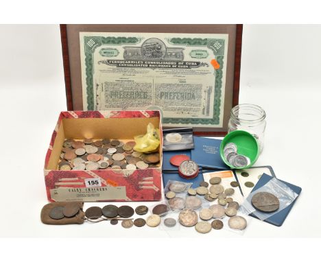 A SMALL CARDBOARD TRAY CONTAINING MIXED COINS ETC, to include 2x good grade Double Florins 188, 2x worn 1891, 1894 Crown coin