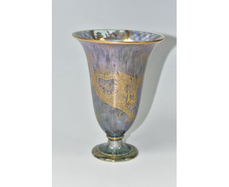 A WEDGWOOD BONE CHINA LUSTRE VASE, of bell form, mottled purple and green lustre glaze to the exterior, decorated with a gilt