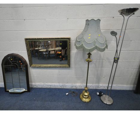 A GILT FRAME RECTANGULAR BEVELLED EDGE WALL MIRROR, 100cm x 72cm, another wall mirror, with a small mirrored shelf, a brass s