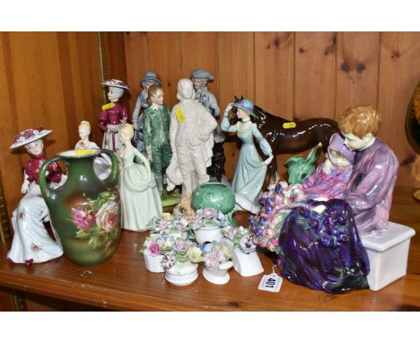 A GROUP OF CERAMIC DECORATIVE ITEMS to include a Royal Doulton 'Flower Sellers Children' figure height approximately 19cm x w