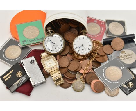 A BOX OF ASSORTED ITEMS, to include two hand wound movement, open face pocket watches, a 'Win' lighter, a selection of commem