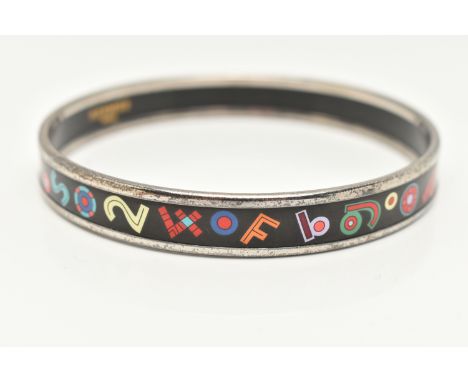 A 'HERMES' BANGLE, designed as a solid silver plated bangle with enamel alphabet and number detail, approximate width 10mm, s