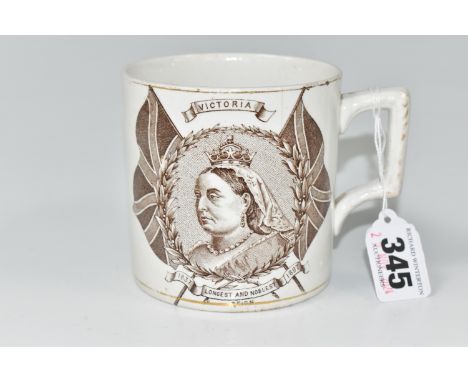 A NINETEENTH CENTURY ROYAL COMMEMORATIVE MUG, commemorating Queen Victoria's Diamond Jubilee 1837-1897, printed with a portra