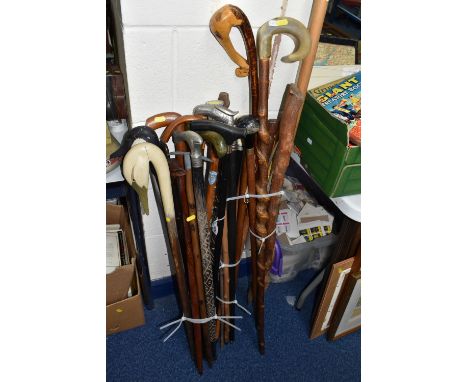 A COLLECTION OF WALKING STICKS, twenty five sticks to include two sticks with handles in the form of goose's heads, one with 