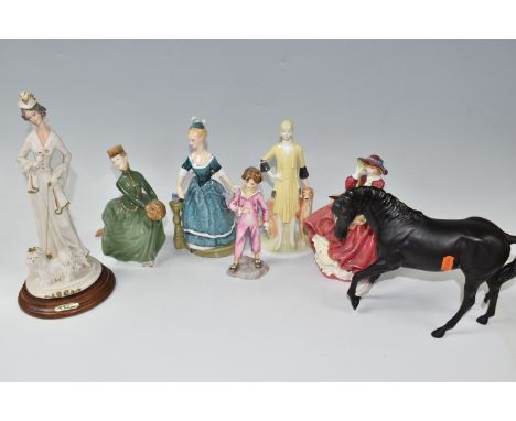 A GROUP OF FIGURES AND A BESWICK HORSE, comprising a Beswick Black Beauty horse makers mark on front and back hooves, Royal D