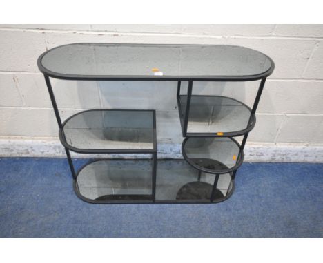 A DANETTI MONROE MULTI TIER SMOKED MIRROR CONSOLE TABLE, on black steel frame, width 100cm x depth 36cm x height 82cm (condit