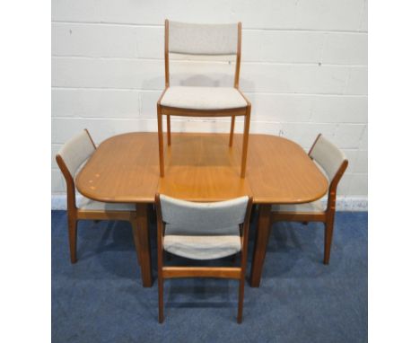 A MID CENTURY TEAK D SCAN EXTENDING DINING TABLE, with a single fold out leaf, extended length 148cm x 97cm squared x height 