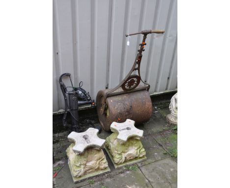 A VINTAGE CAST IRON GARDEN ROLLER, along with a Victorian style water pump with later electric fitting (untested) and a pair 