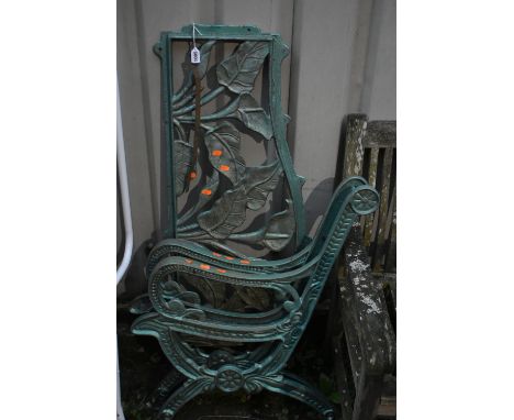 A DISMANTLED 20TH CENTURY PAINTED CAST IRON GARDEN BENCH, with fern leaf back and foliate decoration bench ends (condition re