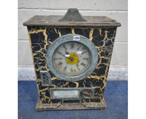 A 20TH CENTURY PENNY SLOT MACHINE, with a clock face reading 'big hand on red to win' to the right of the face is peer glass 