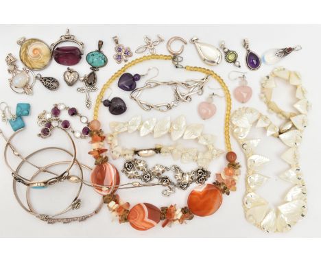 SEVEN BRACELETS, ASSORTED PENDANTS AND SEMI-PRECIOUS GEMSTONE JEWELLERY, silver and white metal bangles and bracelets, includ