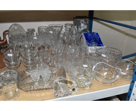 A COLLECTION OF CUT GLASS ITEMS, to include a Royal Doulton crystal goblet with engraving detail of flowers and butterflies i