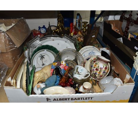 TWO BOXES OF CERAMICS, GLASS, METALWARE AND SUNDRY ITEMS, to include a collection of decorative metalware, including small br