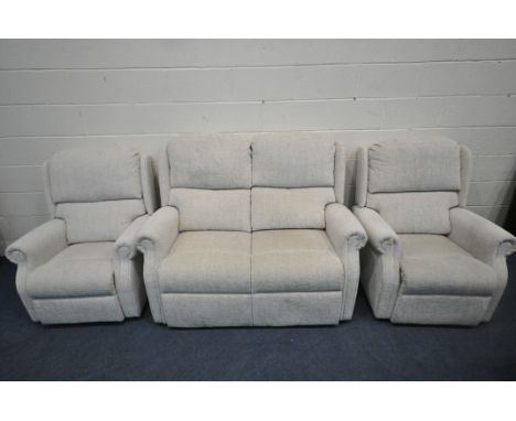 A BEIGE UPHOLSTERED THREE PIECE LOUNGE SUITE, comprising a two seater sofa, length 142cm x depth 97cm x height 108cm, along w
