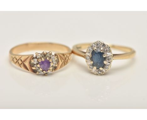 TWO GEM SET RINGS, the first a 9ct gold oval sapphire and diamond cluster ring, to a polished band, hallmarked 9ct Birmingham