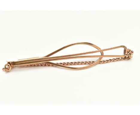 A 9CT GOLD TIE CLIP, hallmarked 9ct Birmingham, fitted with a chain, length 62mm, approximate gross weight 5.1 grams, togethe