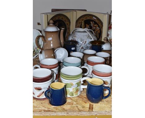 A LARGE GROUP OF DENBY CERAMICS to include a boxed pair of Egyptian collector plates of Tutankhamun and Akenson, a pair of 'D