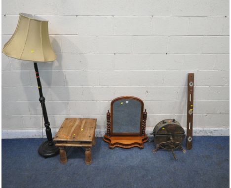 A VICTORIAN MAHOGANY DRESSING TABLE MIRROR, the arched mirror on spiral supports, a knife cleaner, a spirit level, a hardwood