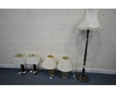 A PAIR OF CAPIZ SHELL TABLE LAMPS, another pair of table lamps, along with a standard lamp (condition report: general signs o