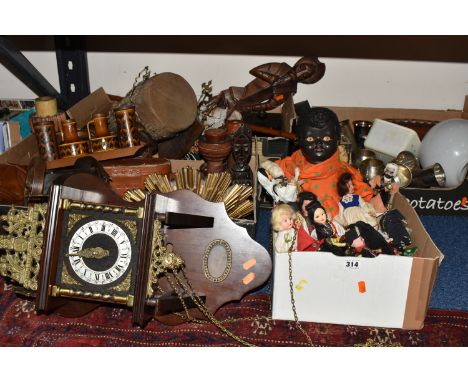 FOUR BOXES AND LOOSE MISC to include an African cowhide drum shaker, a pair of Spanish made wooden candlesticks, a pair of re