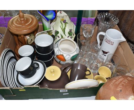 ONE BOX AND LOOSE TELEPHONE, CERAMICS AND GLASSWARE, to include an early twentieth century wall hanging telephone, with a woo