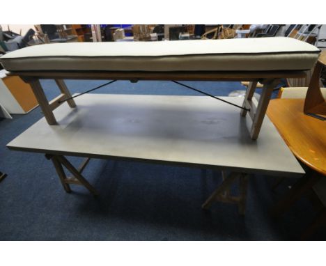 A MODERN RECTANGULAR DINING TABLE, raised on trestle style legs, length 200cm x depth 90cm x height 76cm, along with a simila