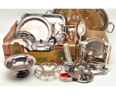 A BOX OF ASSORTED WHITE METAL, to include a three piece tea set, a three branch candelabra, a pair of candle sticks, two bonb