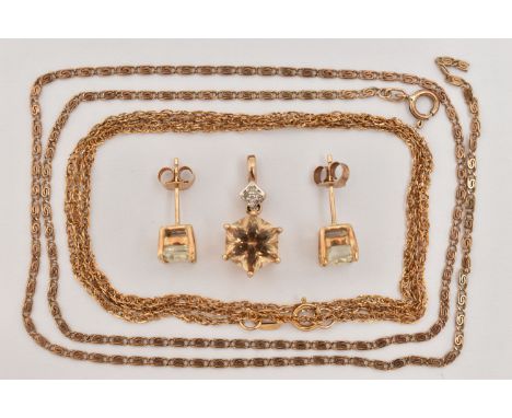 A YELLOW METAL GEM SET PENDANT, PAIR OF EARRINGS AND TWO CHAINS, the pendant set with a fancy cut stone assessed as citrine, 