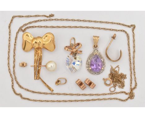 AN ASSORTMENT OF JEWELLERY, to include a 9ct gold bow brooch with tassels, fitted with a brooch pin, hallmarked 9ct London im