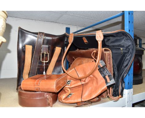 A SELECTION OF LEATHER GOODS ETC, comprising a rectangular bag with twin handles, approximate height 36cm, a small leather ru