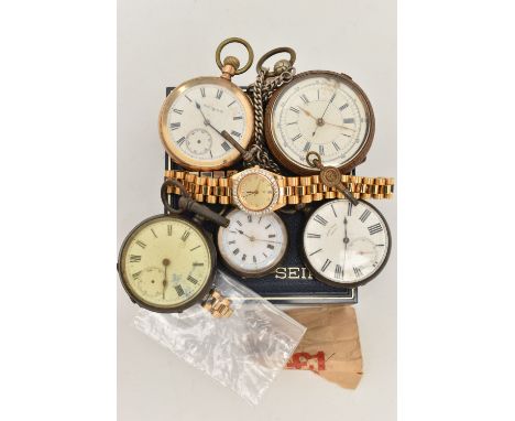 A BOX OF ASSORTED WATCHES, to include three white metal open face pocket watches, two stamped 0.935, one stamped fine silver,