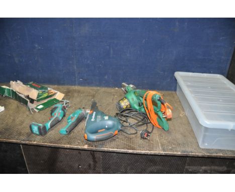 A TRAY CONTAINING GARDEN POWER TOOLS including a Black and Decker Alligator saw, a Black and Decker Scorpion reciprocating sa