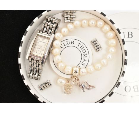 TWO DESIGNER ITEMS, to include a Thomas Sabo cultured pearl bracelet with three charms, with maker's box, together with an Em